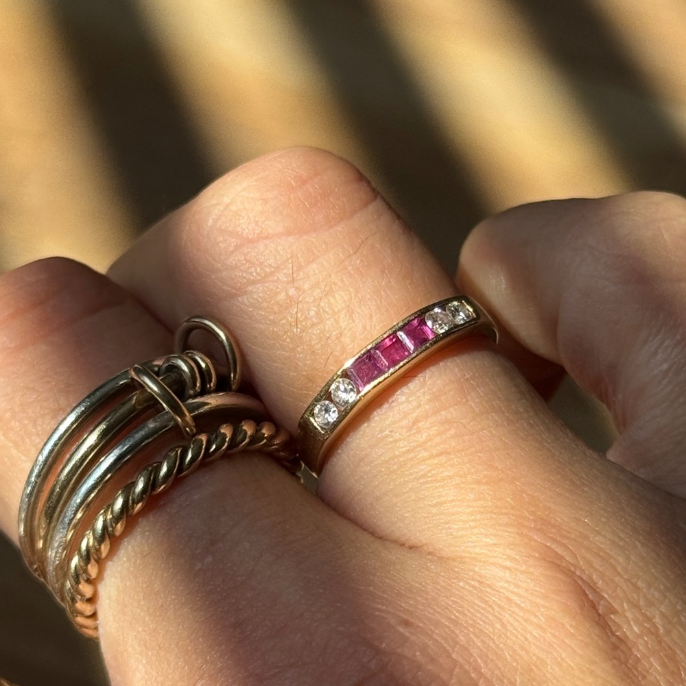Vintage 14k yellow gold band ring channel set with natural rubies and diamonds